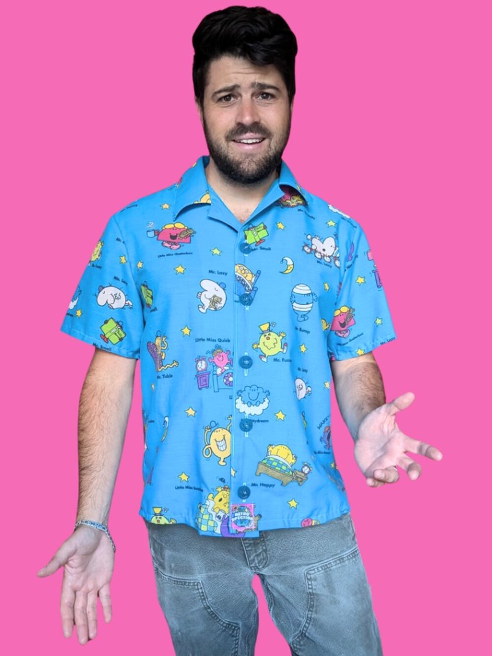 Handmade, Upcycled Mr. Men Bedsheet Button Down Shirt Size M